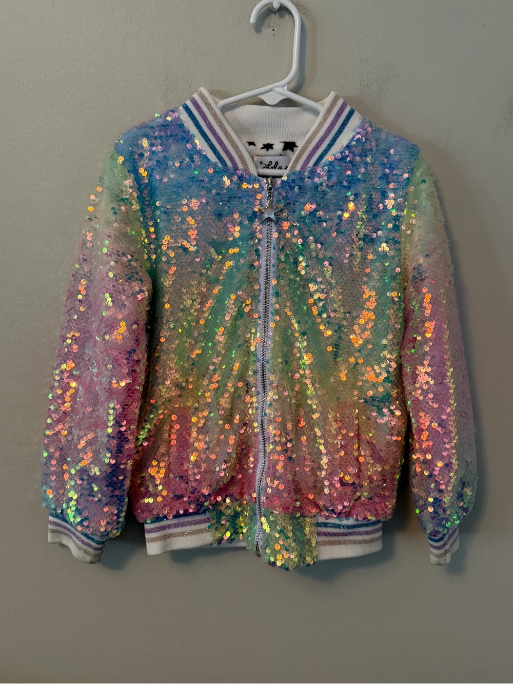 Lola + the Boys Sequin Rainbow Bomber Jacket
